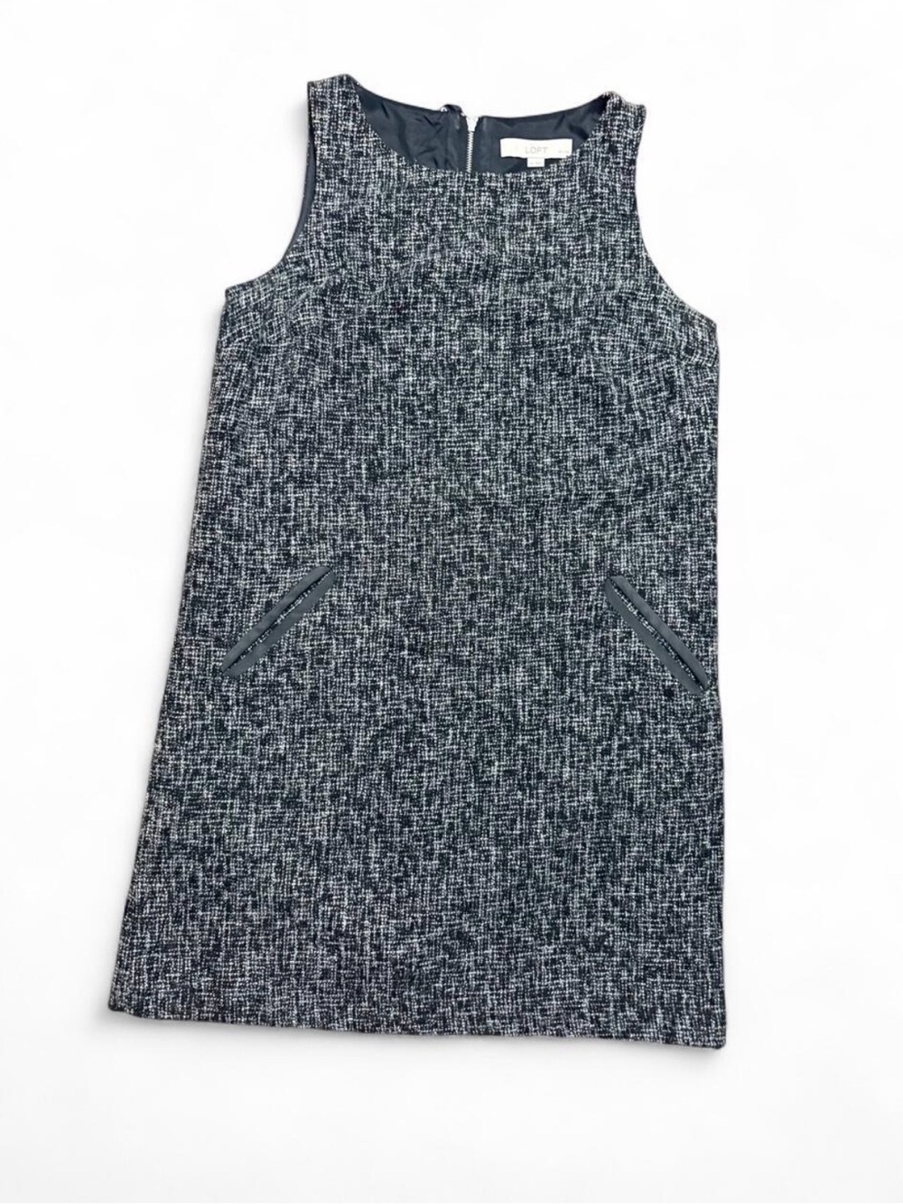 LOFT Black and White Tweed Women’s 8P Shift Sleeveless Midi Dress Work